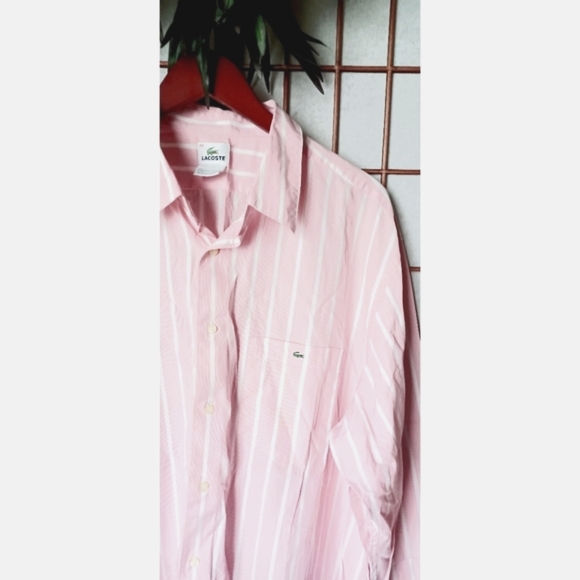 Lacoste Men's Pink/White Striped Button-Down Shirt - Picture 2 of 16